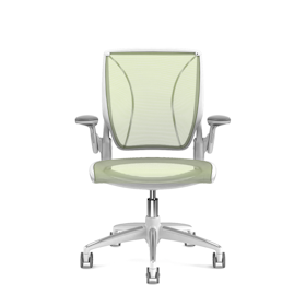 Pinstripe Mesh Green World Task Chair, Adjustable Arms, White Frame